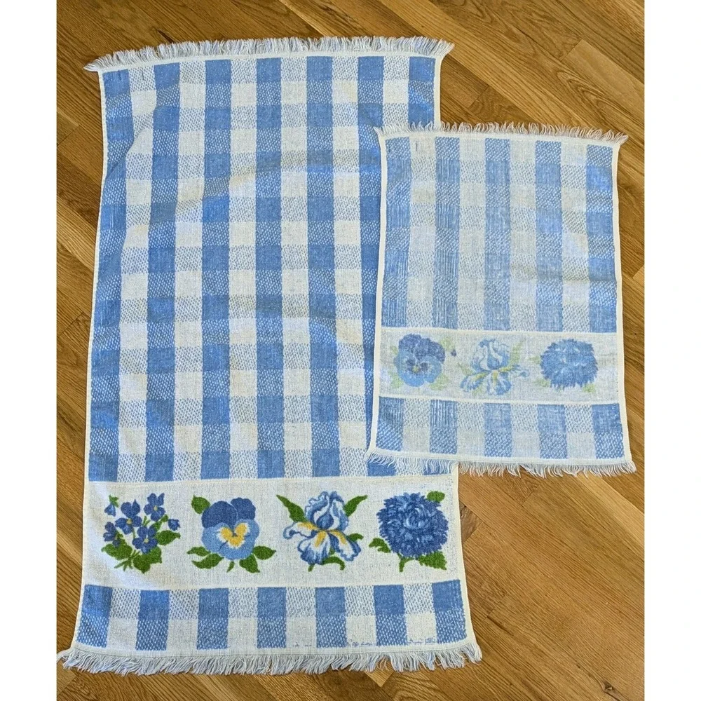 Vtg 70s Lady Pepperell Blue Check Plaid Floral Bath Hand Towel Set Cottagecore